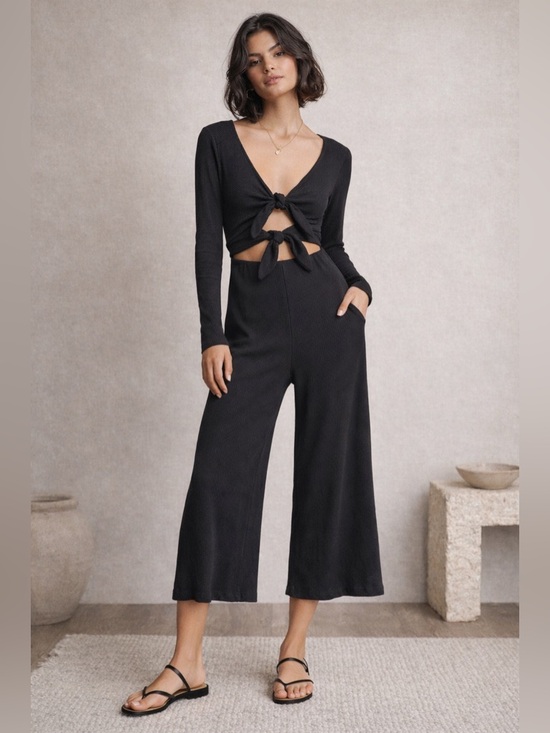 Free People Pants - Free People FP Beach Black Ribbed Cutout Tie Front Cropped Jumpsuit Size S